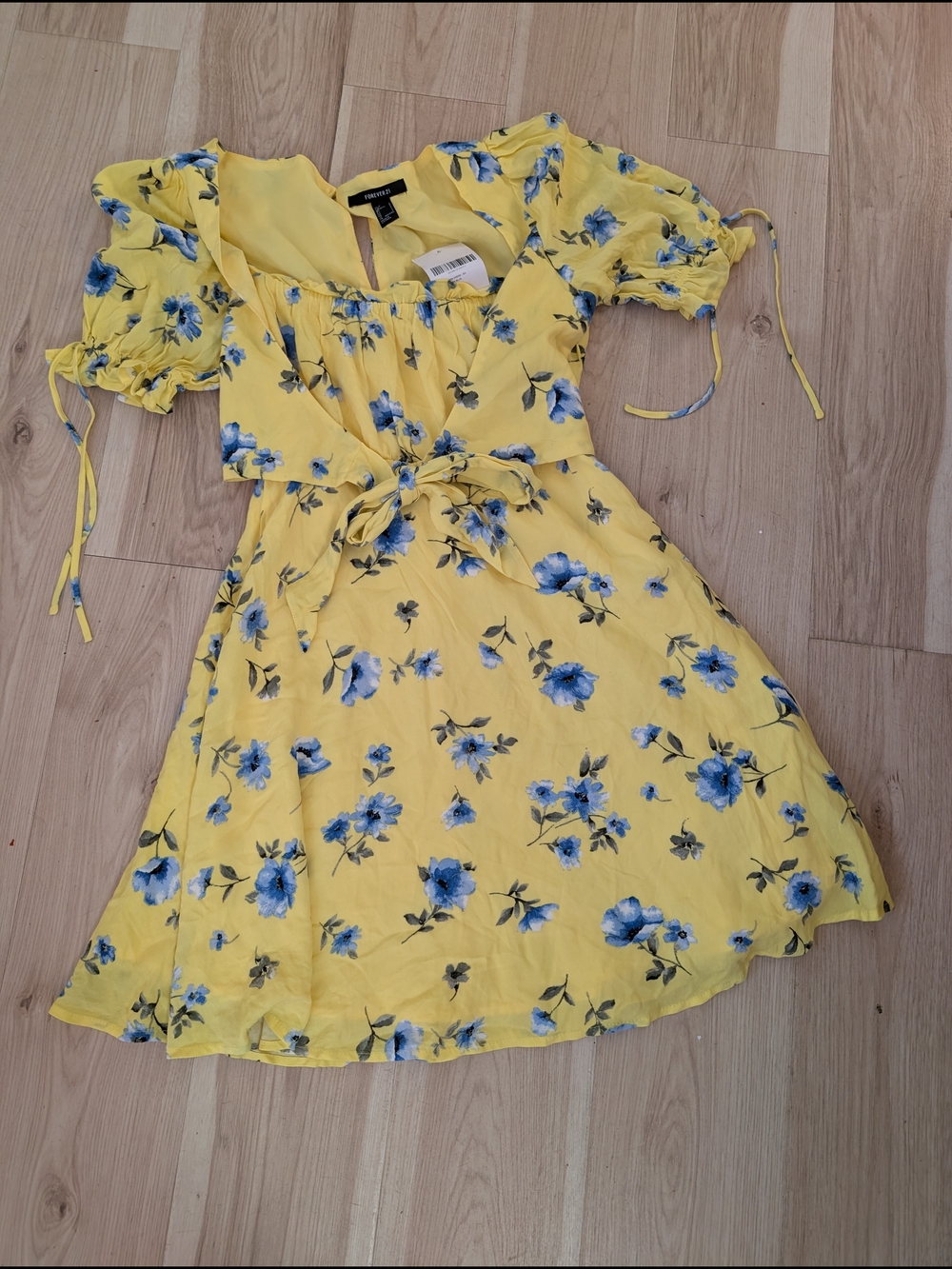 Forever 21 Yellow Floral Tie-Front Casual Dress with Blue Flowers